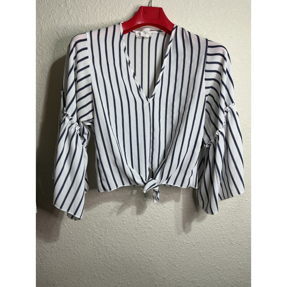 Bohemian Navy White Striped Tie Front Bell Sleeve V-Neck Blouse Small